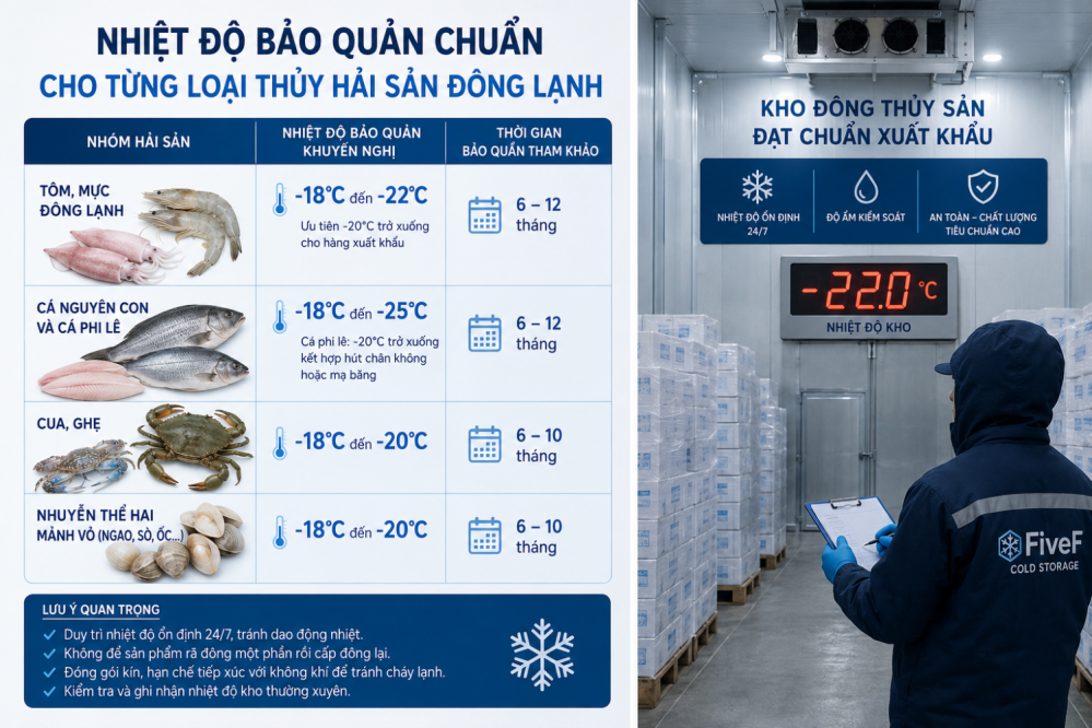 NHIỆT ĐỘ BẢO QUẢN CHUẨN CHO TỪNG LOẠI THỦY HẢI SẢN ĐÔNG LẠNH