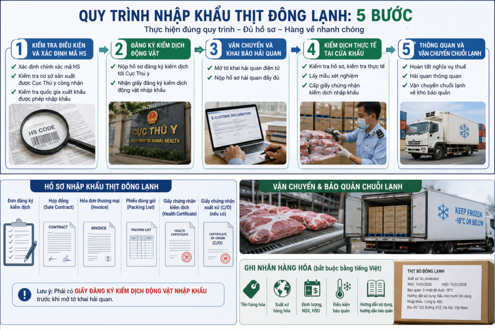 THỦ TỤC NHẬP KHẨU THỊT ĐÔNG LẠNH: QUY TRÌNH ĐẦY ĐỦ TỪ A-Z