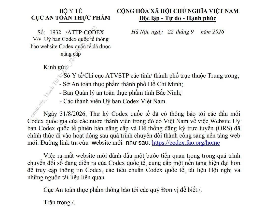 Thông báo website Codex quốc tế đã được nâng cấp